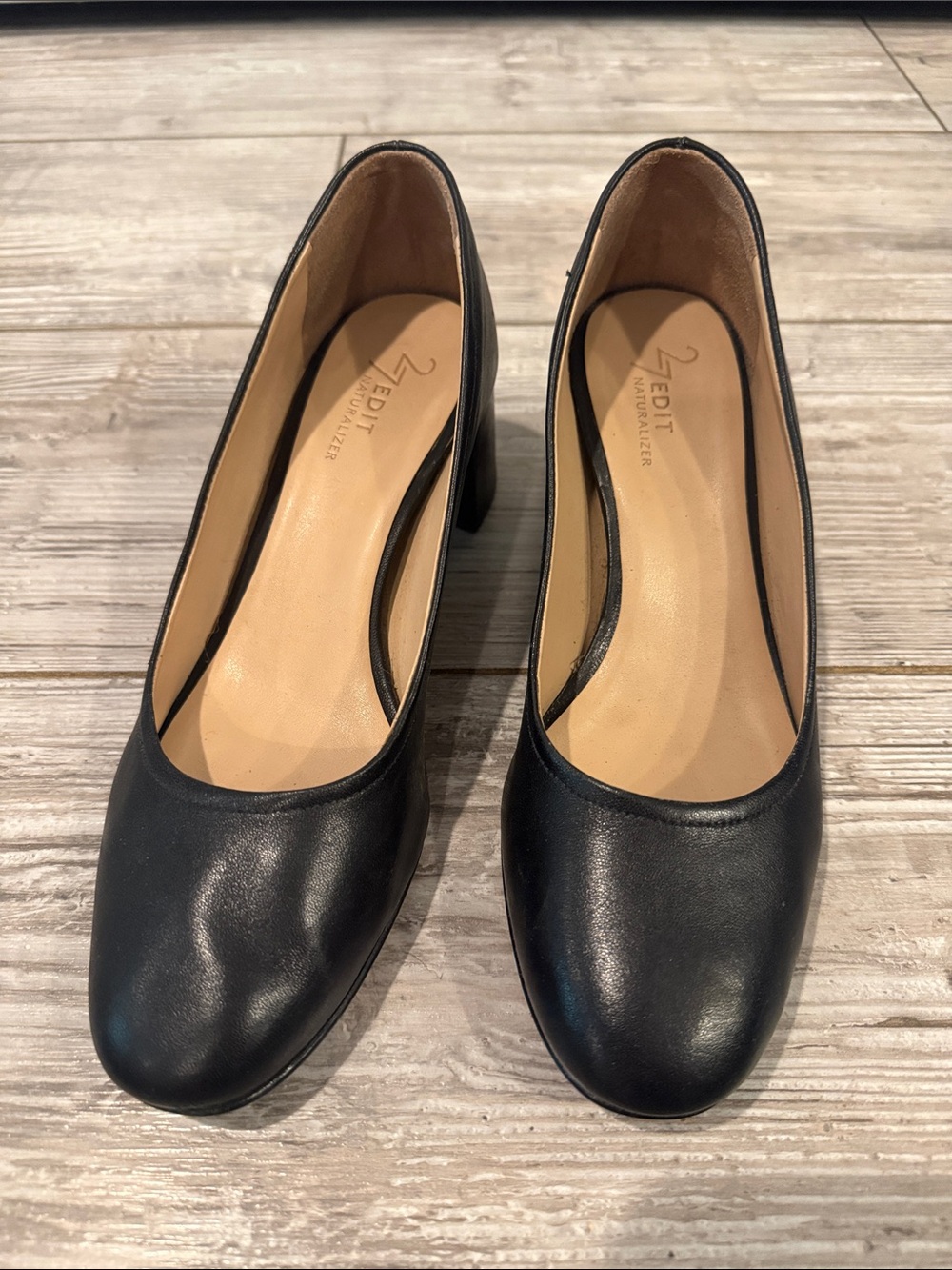 Naturalizer Black Leather Mid Block Heel Pumps
